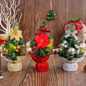 Mini Artificial Christmas Tree Tabletop Decoration With Poinsettia Flowers Bows Ornaments Wrapped Base For Holiday Home Desk