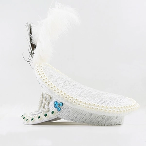 White sequin captain hat with ostrich feathers and pearl embellishments for parties