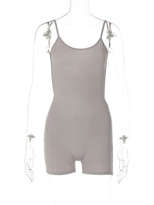 Front view of grey backless slim fit bodysuit romper on a transparent mannequin
