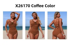 Detailed views of coffee brown one-piece swimsuit with ruching and crisscross back straps