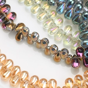 Multi-colored 6x9mm teardrop glass beads with electroplated iridescent metallic finish