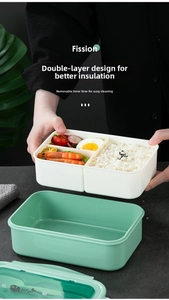 Detail of detachable 3-compartment bento box liner with leak-proof lid for easy cleaning