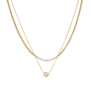 Double-layered gold stainless steel necklace with sparkling tennis chain and round pendant