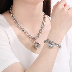 Polished silver stainless steel chunky chain necklace and bracelet set with ball pendants