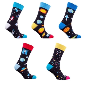 Five pairs of men's cotton crew socks featuring colorful space and galaxy themed patterns