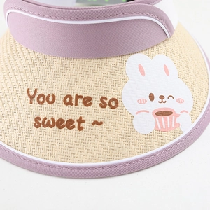 Kids summer straw sun visor hat with cute cartoon rabbit and sweet slogan print