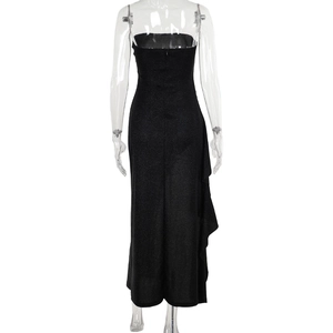 Rear view of a black sequined tube dress with ruffled side slit detail on a mannequin
