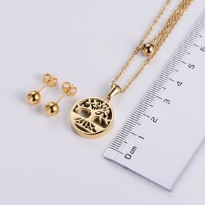 Golden Tree of Life necklace and ball stud earrings jewelry set with measuring scale