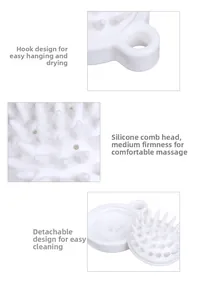 Detail view of silicone scalp brush with hook, soft bristles, and detachable structure