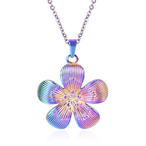 Detail of 18k gold plated rainbow flower pendant with colorful texture on stainless steel chain
