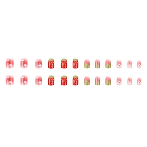 Lot de 24 faux ongles mignons motif fraise et fleurs avec finition semi-transparente
