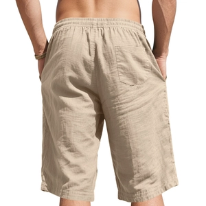 Detailed back view of khaki linen shorts showing fabric texture and stitching quality