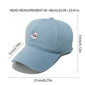 Size guide for blue denim cat baseball cap with head circumference and brim measurements