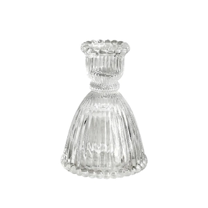 Vintage transparent glass dress candle holder with embossed vertical stripes and ruffled edges