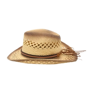 Strohhut im Cowboy-Stil mit Webstruktur, Luftlöchern und Lederquasten-Verzierung im Detail