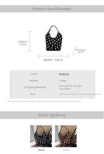 Detailed dimensions and material specs for the large capacity fabric bucket bag with handles