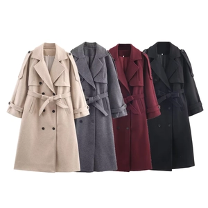 Women Double Breasted Woolen Coat Long Trench Jacket With Belt Lapel Long Sleeve Winter Outwear Solid Color Fashion