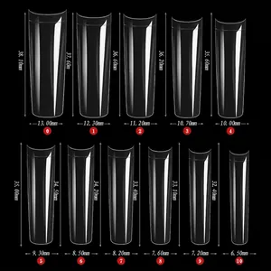 Size chart for XXL long curved French coffin nail tips in eleven sizes from 0 to 10
