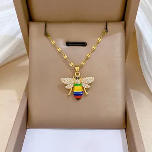 Bee Pendant Necklace Stainless Steel Chain Enamel Rainbow Striped Copper Cubic Zirconia Gold Plated Elegant Jewelry