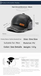 Detailed size chart for men winter leather baseball cap showing measurements and head guide