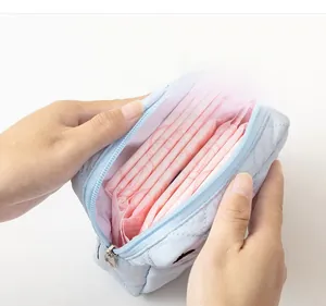 Close-up of open quilted blue sanitary napkin bag showing large storage capacity