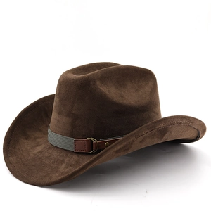 Close-up of brown suede cowboy hat with metallic buckle and grey ribbon detail
