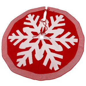 Knitted 120cm Christmas tree skirt with white snowflake pattern on red background