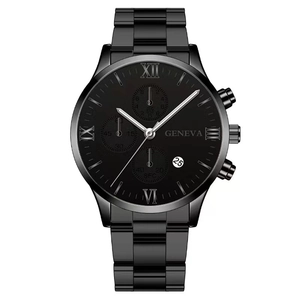 Close-up of black Geneva chronograph watch with steel strap and Roman numerals dial