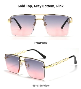 Detail view of rimless square sunglasses with gold metal chain arms and gradient lenses