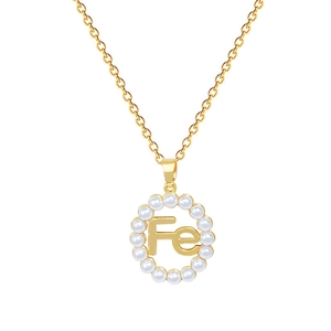 Gold titanium steel necklace with pearl circle and Fe letter pendant on white background