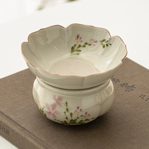 Hand-painted ceramic tea strainer set with floral patterns and matching petal base