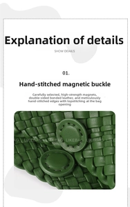 Detail of handmade magnetic closure and premium stitching on green woven leather bag