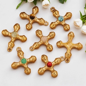 Vintage 18k gold plated stainless steel cross pendants with natural tiger eye stones