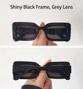 Front and back detail view of bright black square frame sunglasses with gray lenses