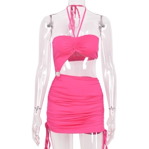 Hot pink halter neck bodycon dress with metal ring detail and side drawstring strings
