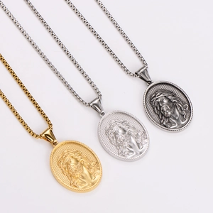 Three Jesus portrait oval pendants in gold, silver, and vintage finish on necklaces