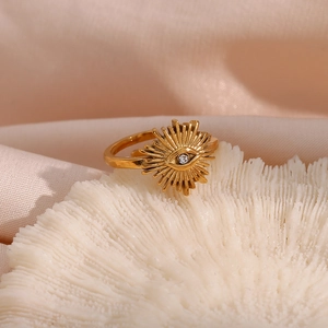 Detailed macro view of 18K gold-plated Evil Eye open ring with sparkling zircon center