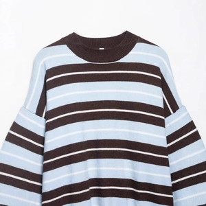 Classic crewneck striped knit sweater in brown and light blue horizontal pattern