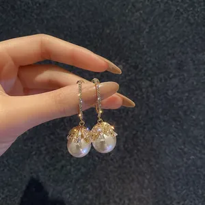 Elegant French Retro Dangle Earrings With White Artificial Pearl And Zircon Gold Plated Silver Earring Post Fashion Jewelry For Women