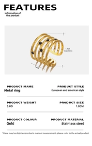 Detailed dimensions of gold multi-layer stainless steel ring with black round gemstones