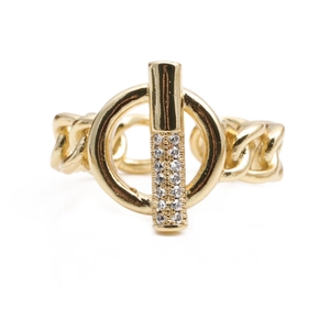 Fashionable golden chain ring with OT toggle clasp and sparkling pave crystals on white background