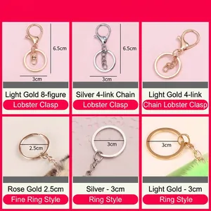 Faux rabbit fur ball keychains with multi-color metal rings and lobster clasps