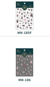 Vue détaillée des stickers ongles roses MN-185F et MN-186 avec texte vintage