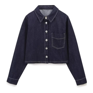 Classic dark blue denim shirt jacket with silver metal buttons and chest pocket details