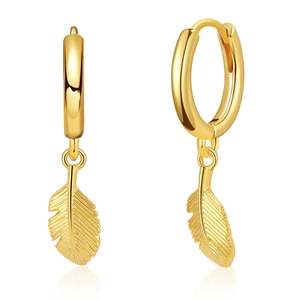 Detail of 18K gold plated huggie earrings with delicate feather charms and engraved lines