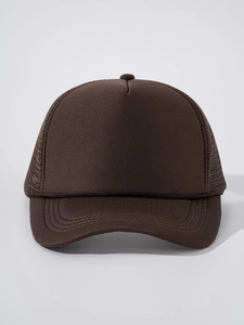 Detail of dark brown trucker hat with breathable mesh back and classic curved brim