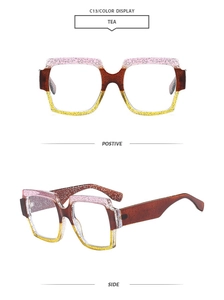 Detail view of retro square tea gradient sunglasses with glitter resin texture