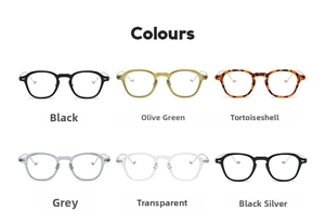 Detail view of stylish eyewear frames available in Black, Olive Green, and Tortoiseshell