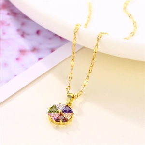 18K gold plated necklace featuring a hexagonal colorful zircon flower pendant