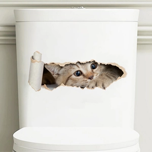 Creative 3D wall sticker featuring a cute brown tabby cat peeking through a torn paper hole